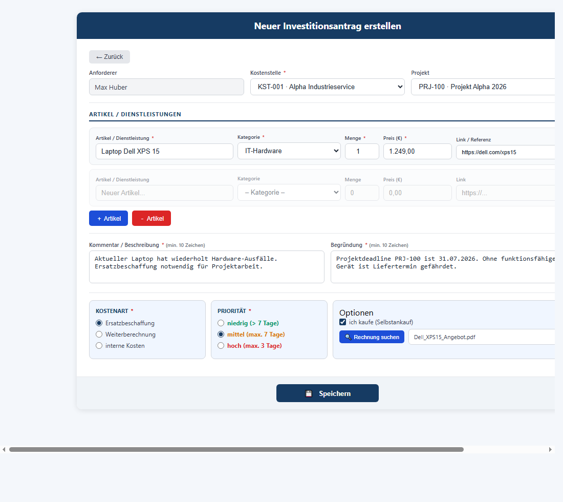 Investitionsantrag Formular